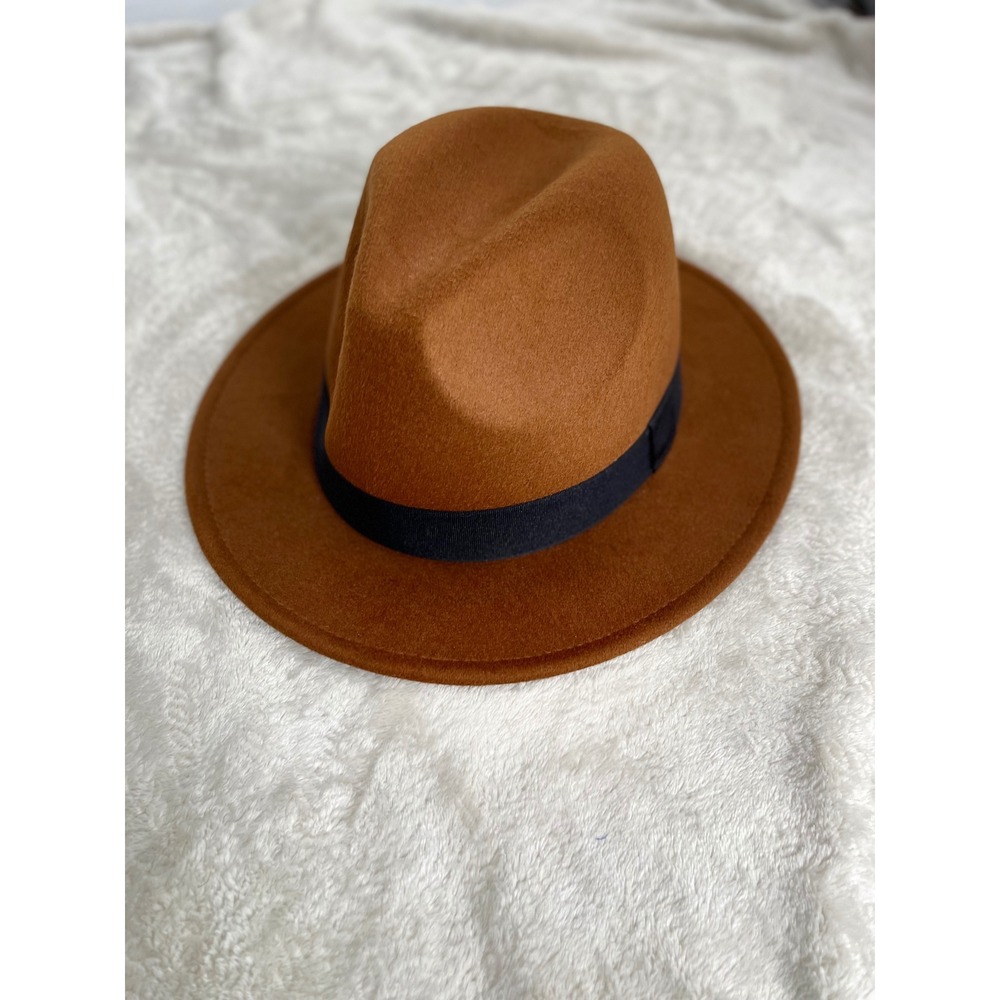H&M Mens Brown Fedora Hat with Black Ribbon Band Size L 60 Cognac Felt Style